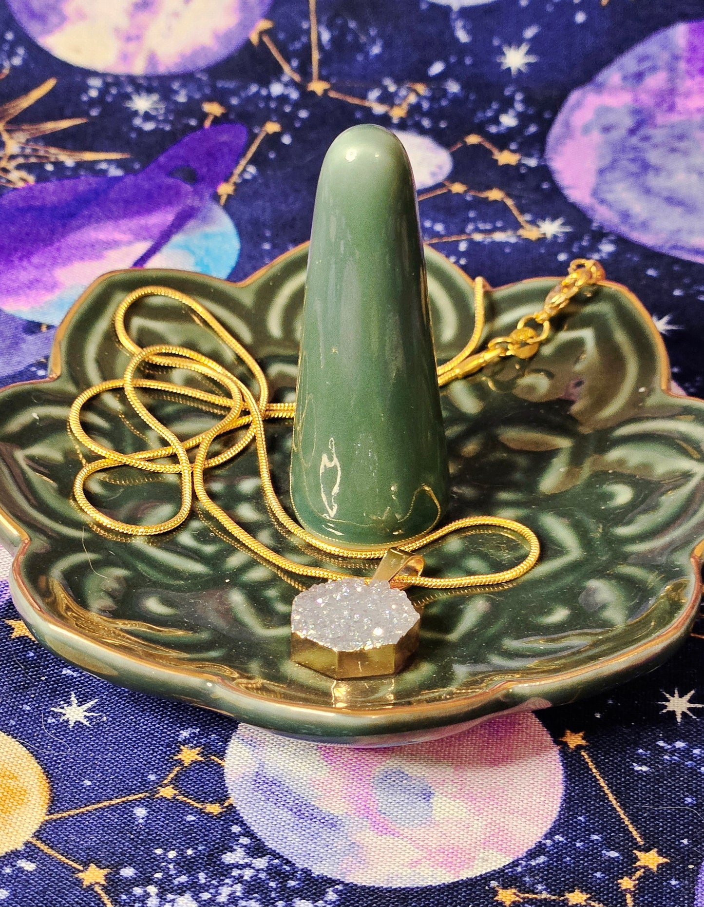 Aura Druzy Agate Geode Pendant on 14k Gold Plated, 20inch Long Snake Chain Necklace