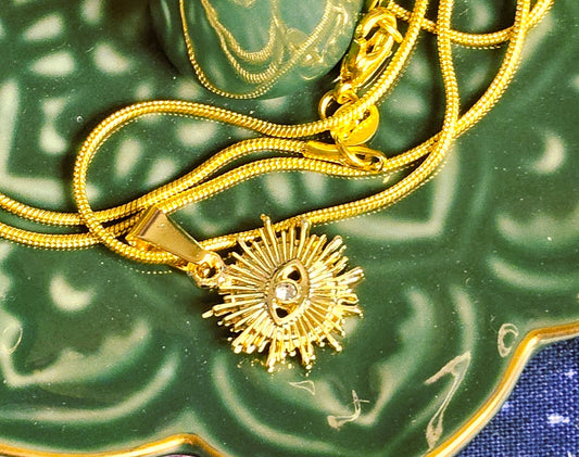 18K Gold Evil Eye Protection Pendant on 14K Gold Plated 20inch Snake Chain Necklace