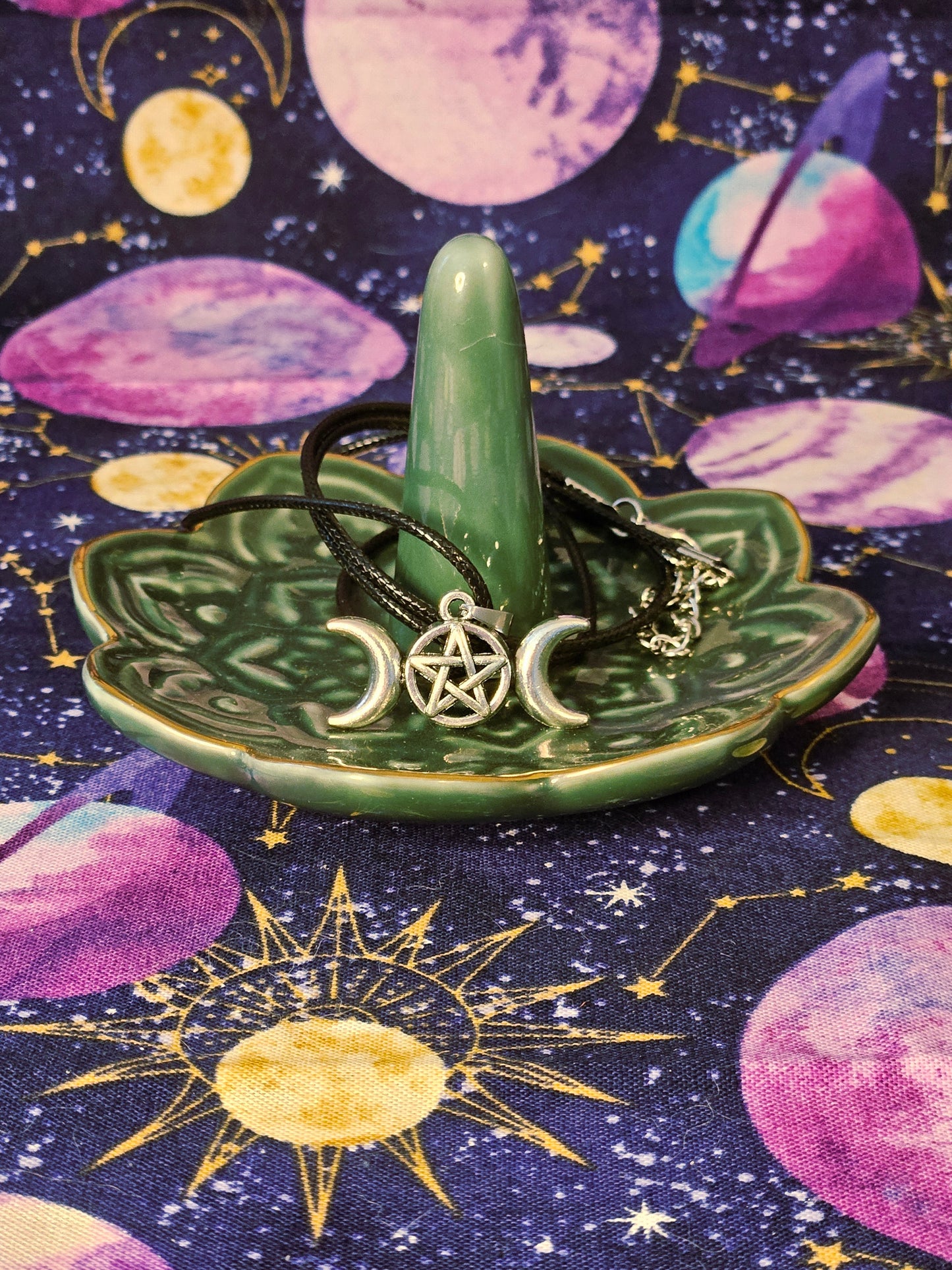 Silver Triple Moon Pentagram on Black Leather Necklace Chord