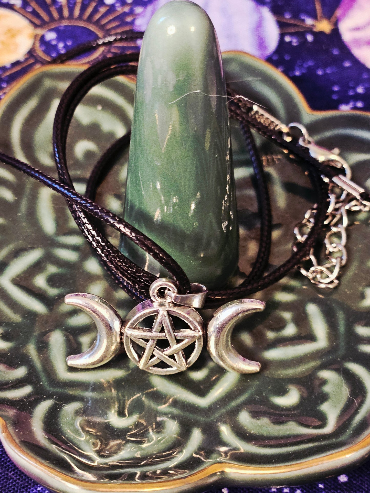 Silver Triple Moon Pentagram on Black Leather Necklace Chord