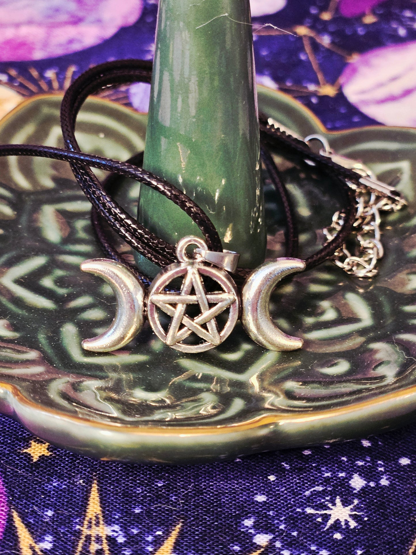 Silver Triple Moon Pentagram on Black Leather Necklace Chord