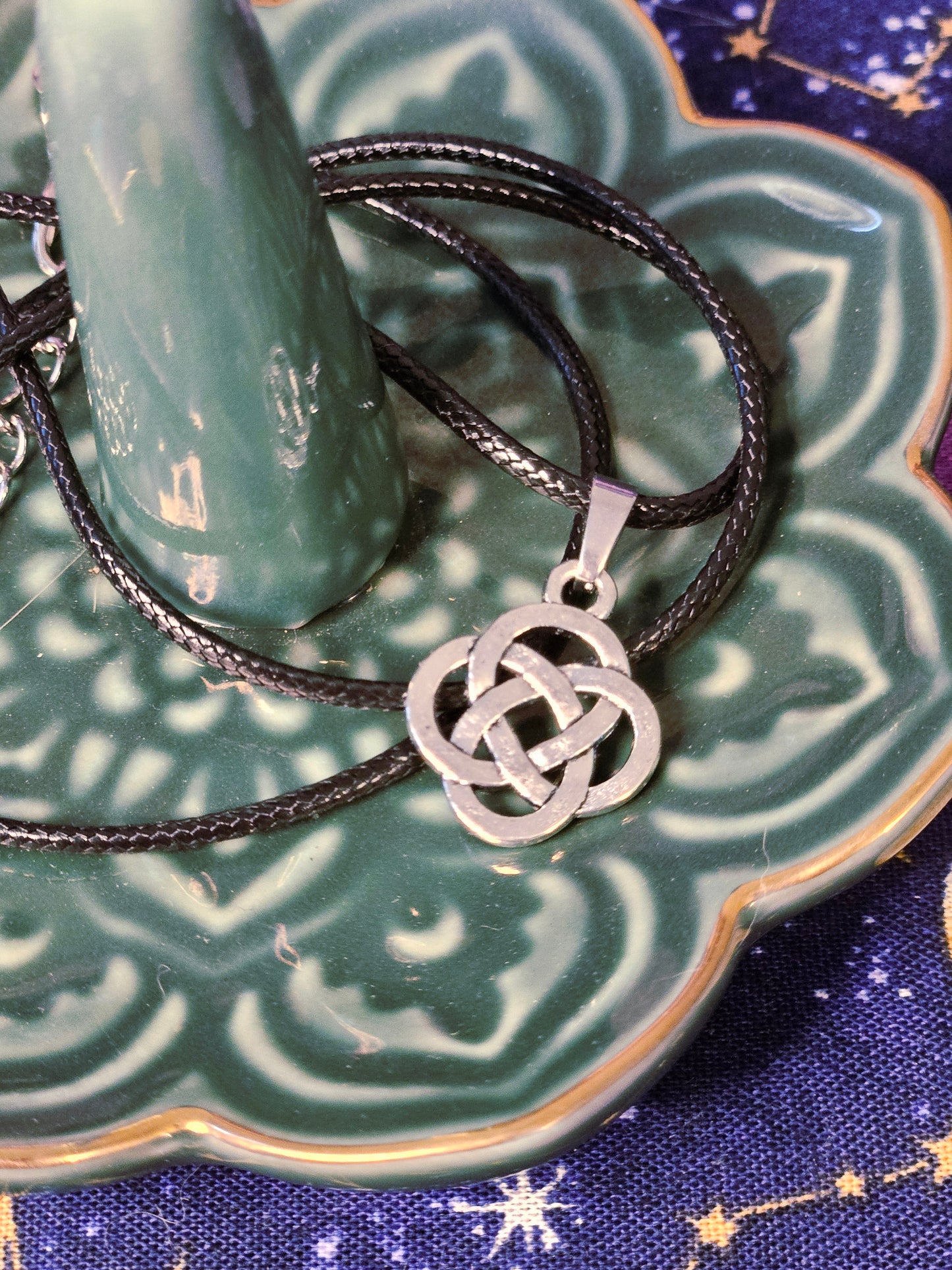 Celtic Shield Knot Protection on Black Leather Necklace Chord