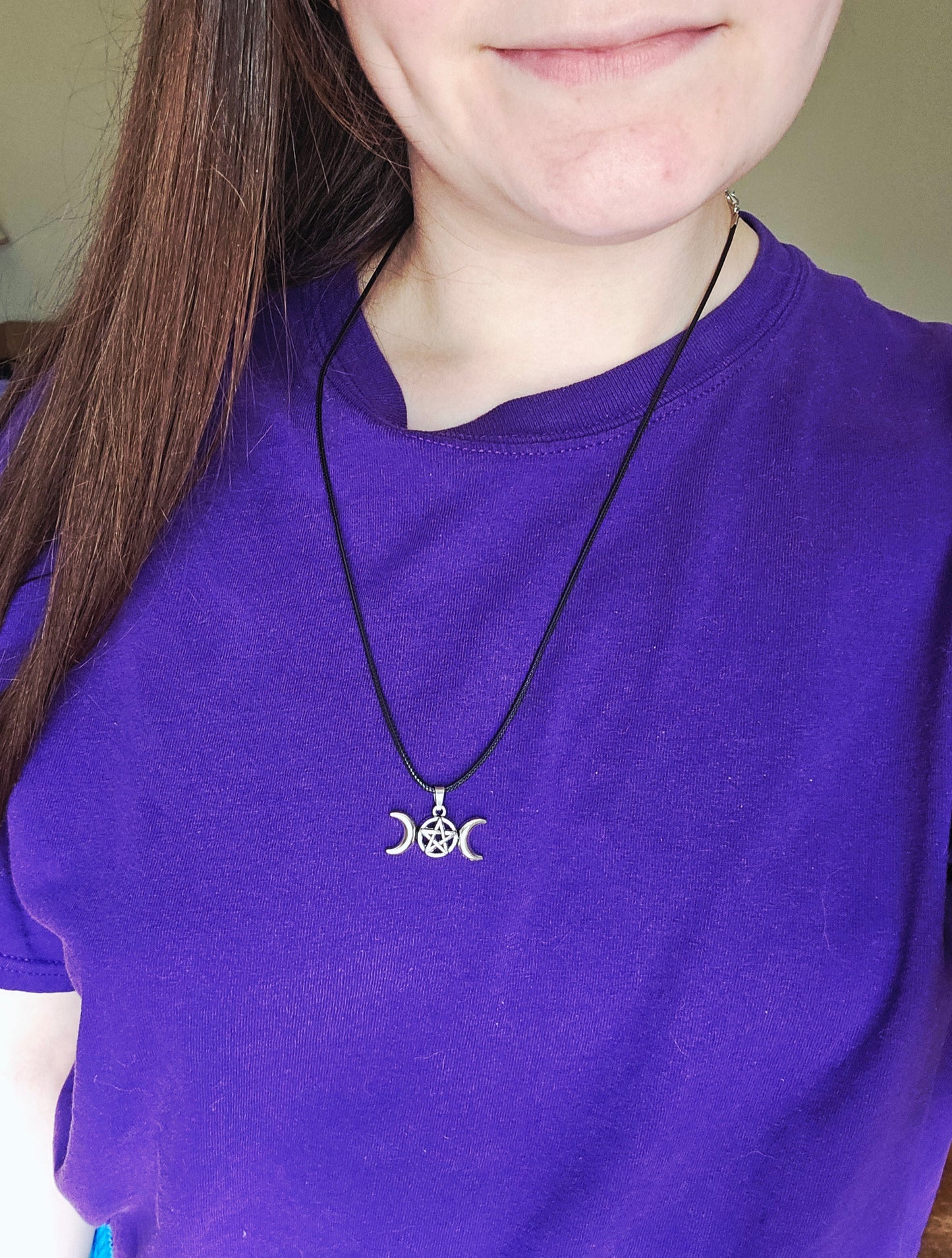 Silver Triple Moon Pentagram on Black Leather Necklace Chord