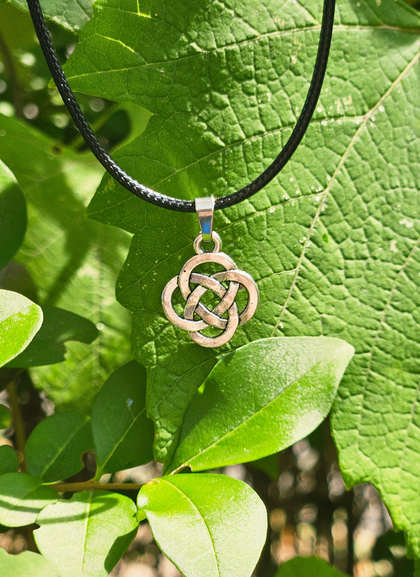 Celtic Shield Knot Protection on Black Leather Necklace Chord