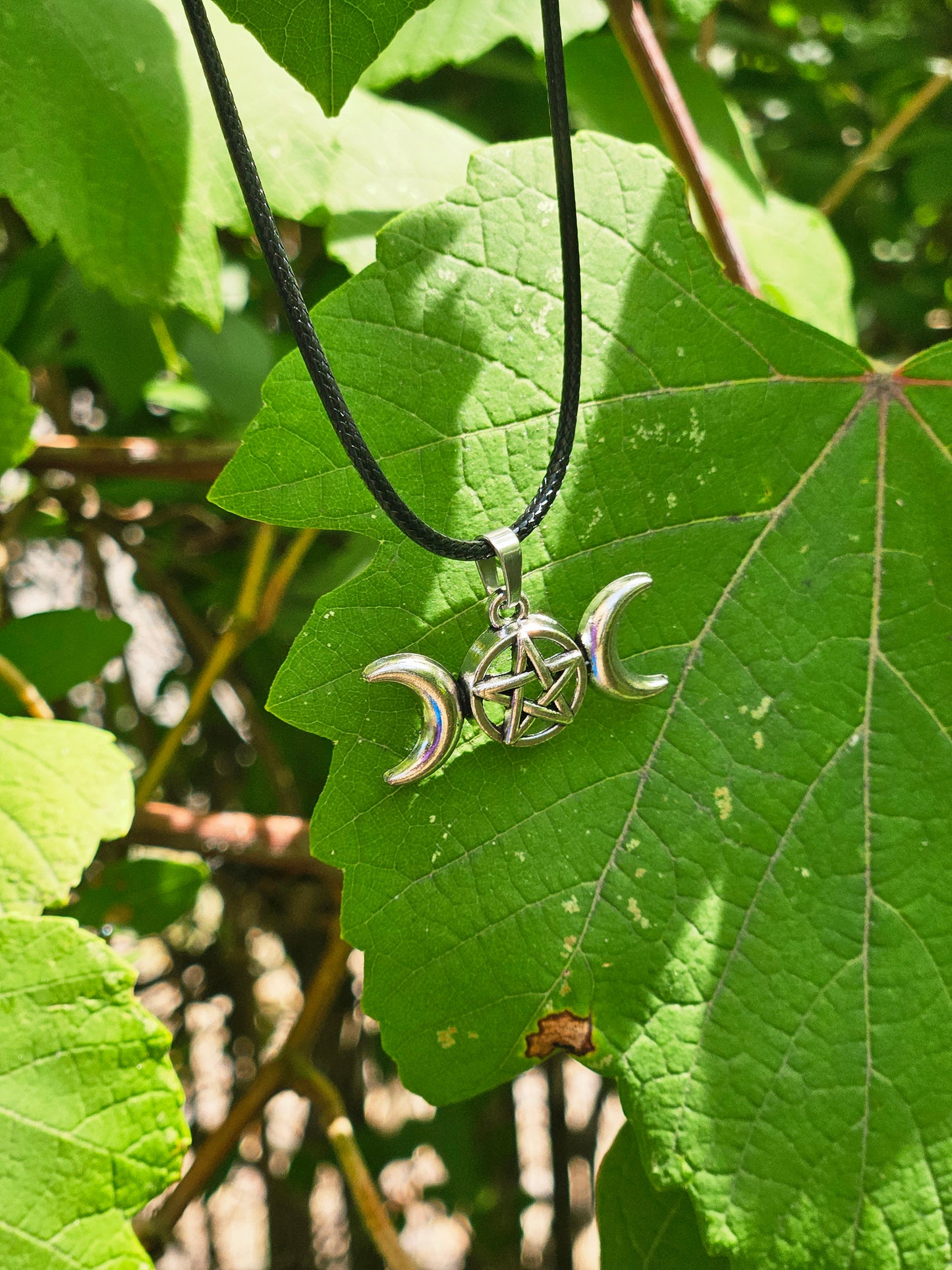 Silver Triple Moon Pentagram on Black Leather Necklace Chord