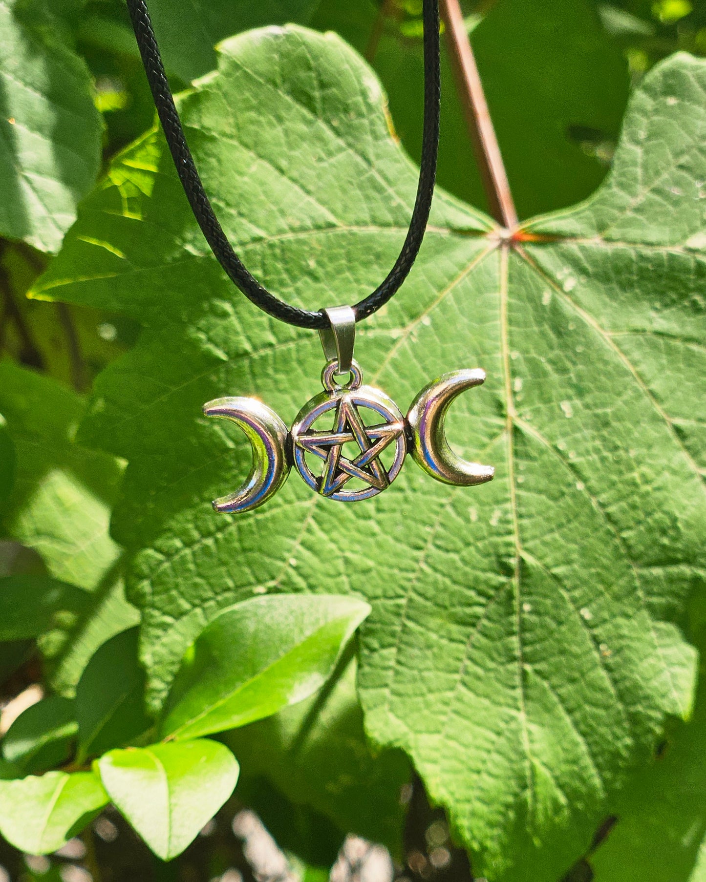 Silver Triple Moon Pentagram on Black Leather Necklace Chord