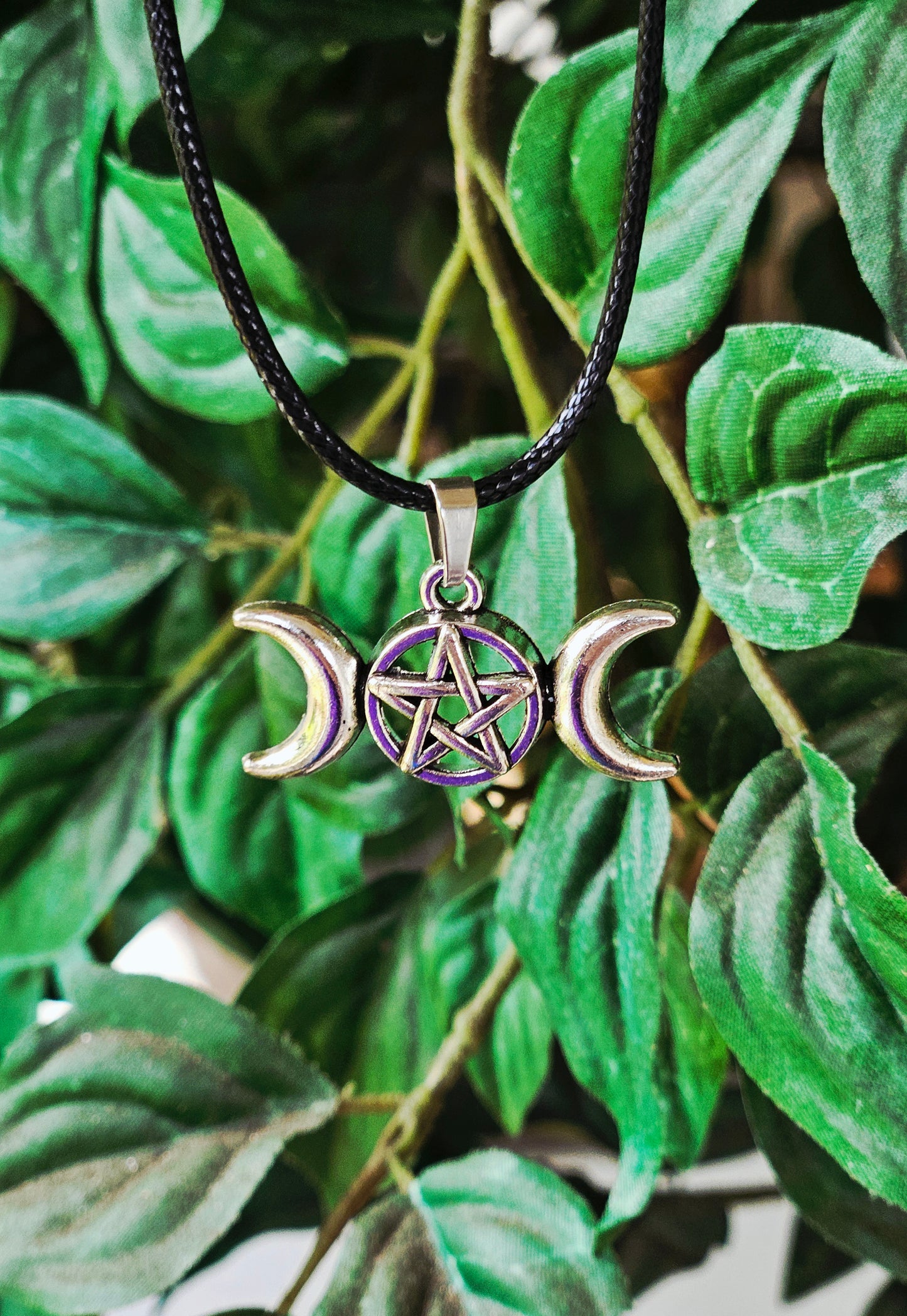 Silver Triple Moon Pentagram on Black Leather Necklace Chord