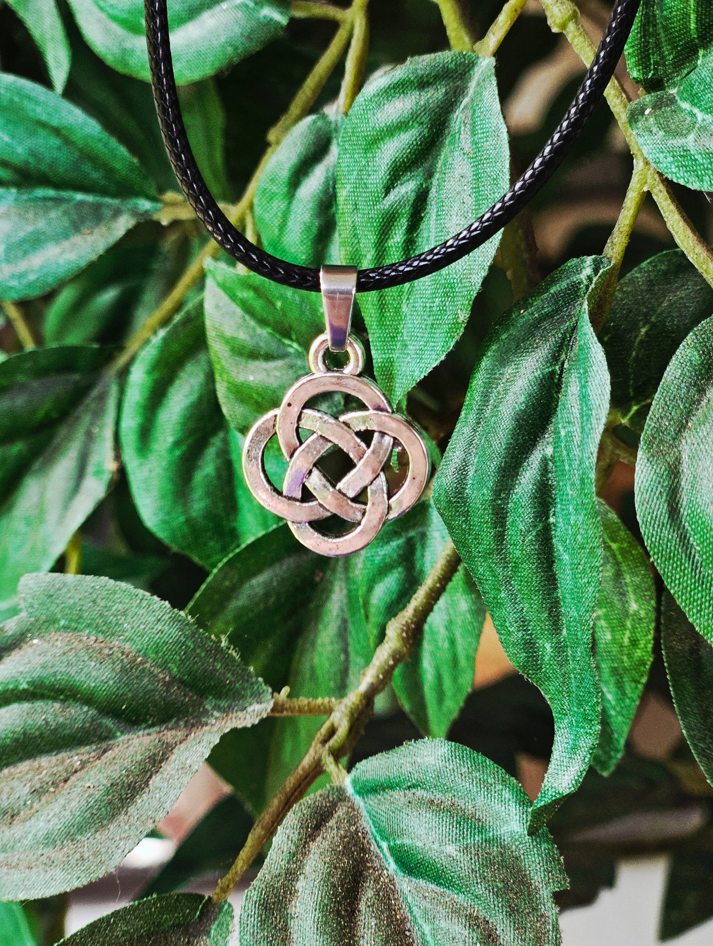 Celtic Shield Knot Protection on Black Leather Necklace Chord