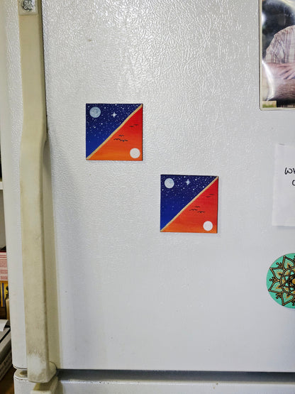 Night and Day Split Skyline Magnet - 3inch Square Hand-Painted Decorative Fridge Magnet
