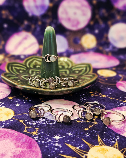 Crescent Moon Labradorite Ring - Crystal Jewelry for Transformation & Protection