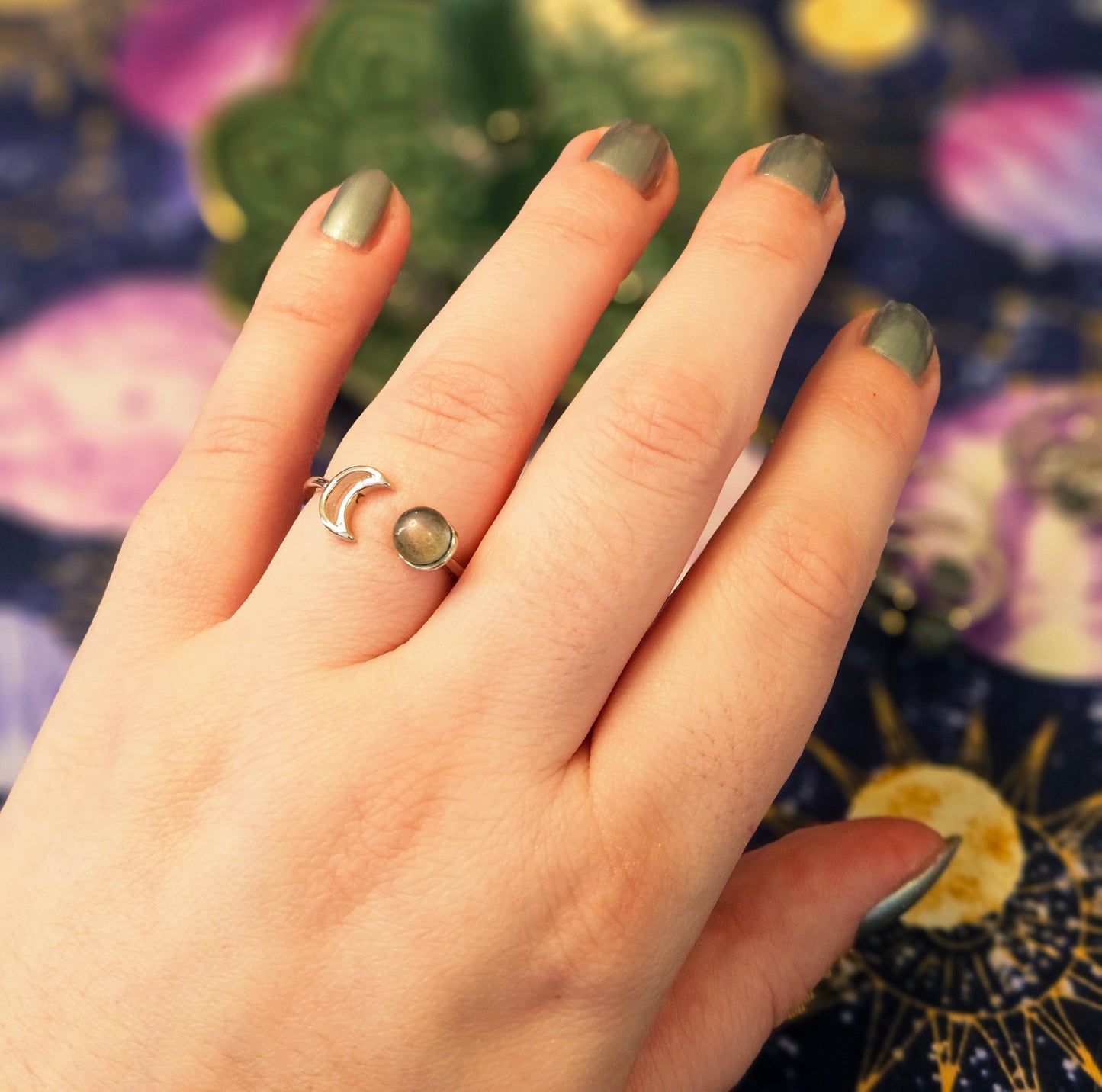 Crescent Moon Labradorite Ring - Crystal Jewelry for Transformation & Protection