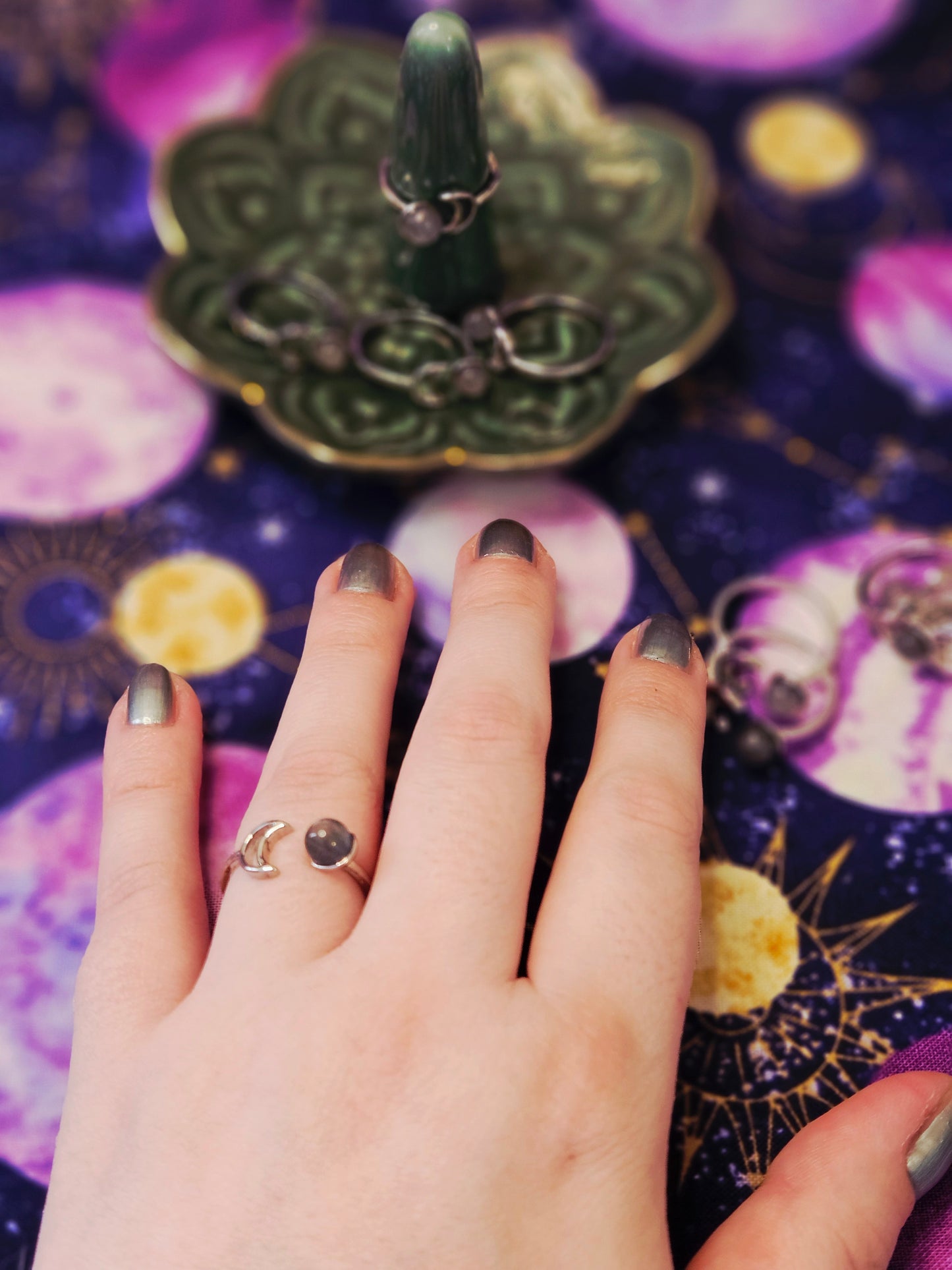 Crescent Moon Labradorite Ring - Crystal Jewelry for Transformation & Protection