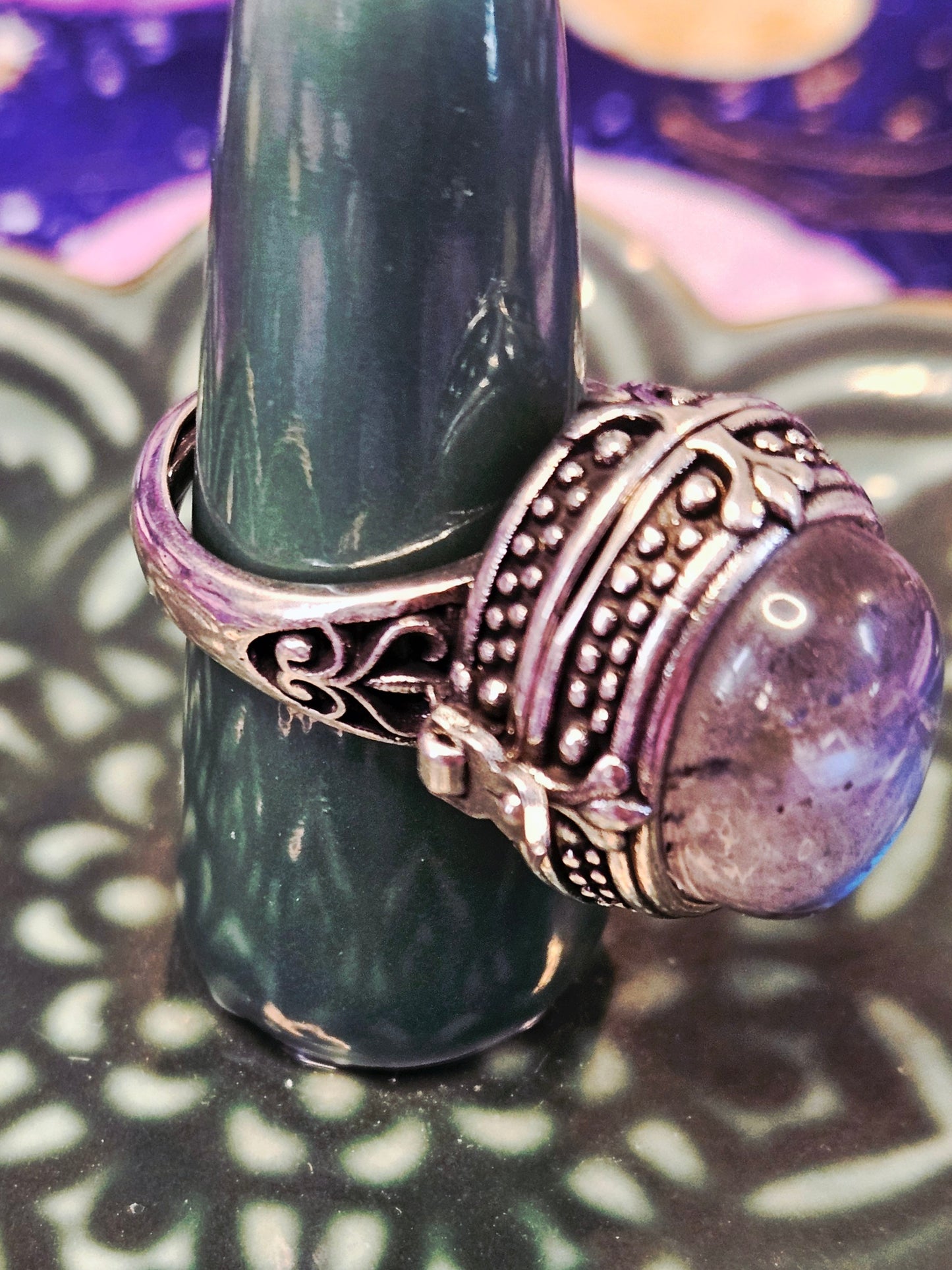 Labradorite Poison Compartment Ring - Adjustable Crystal Ring for Protection & Transformation
