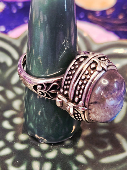 Labradorite Poison Compartment Ring - Adjustable Crystal Ring for Protection & Transformation