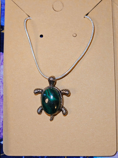 Malachite Turtle Necklace - Green Crystal Stone Prosperity & Protection Animal Pendant