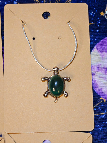 Malachite Turtle Necklace - Green Crystal Stone Prosperity & Protection Animal Pendant