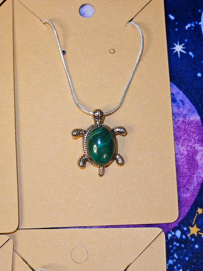 Malachite Turtle Necklace - Green Crystal Stone Prosperity & Protection Animal Pendant