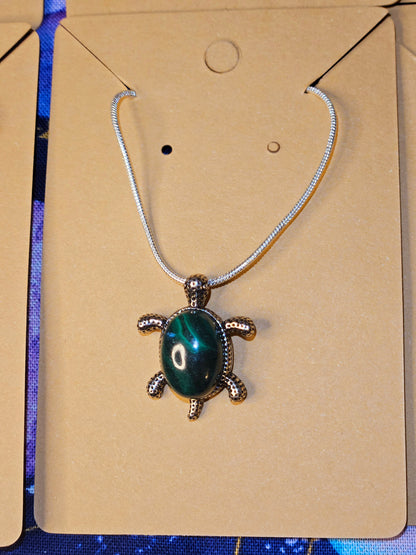Malachite Turtle Necklace - Green Crystal Stone Prosperity & Protection Animal Pendant