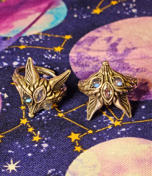 Third Eye Fox Ring - Adjustable Sterling Silver Labradorite Clear Quartz for Protection & Transformation