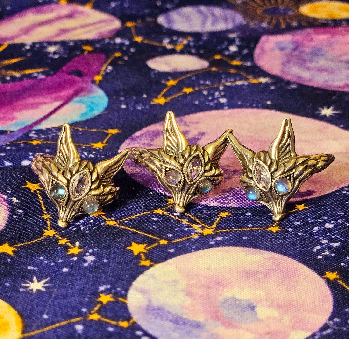 Third Eye Fox Ring - Adjustable Sterling Silver Labradorite Clear Quartz for Protection & Transformation