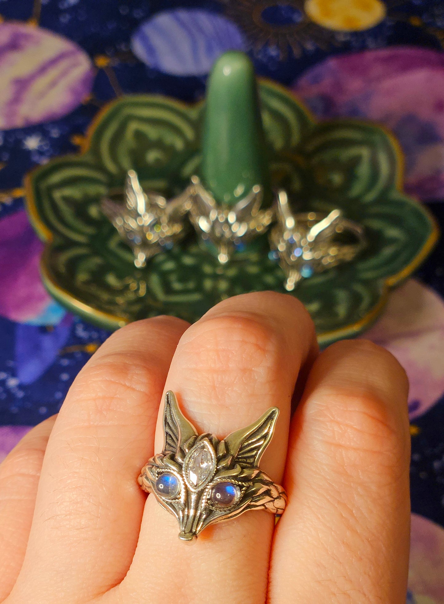 Third Eye Fox Ring - Adjustable Sterling Silver Labradorite Clear Quartz for Protection & Transformation