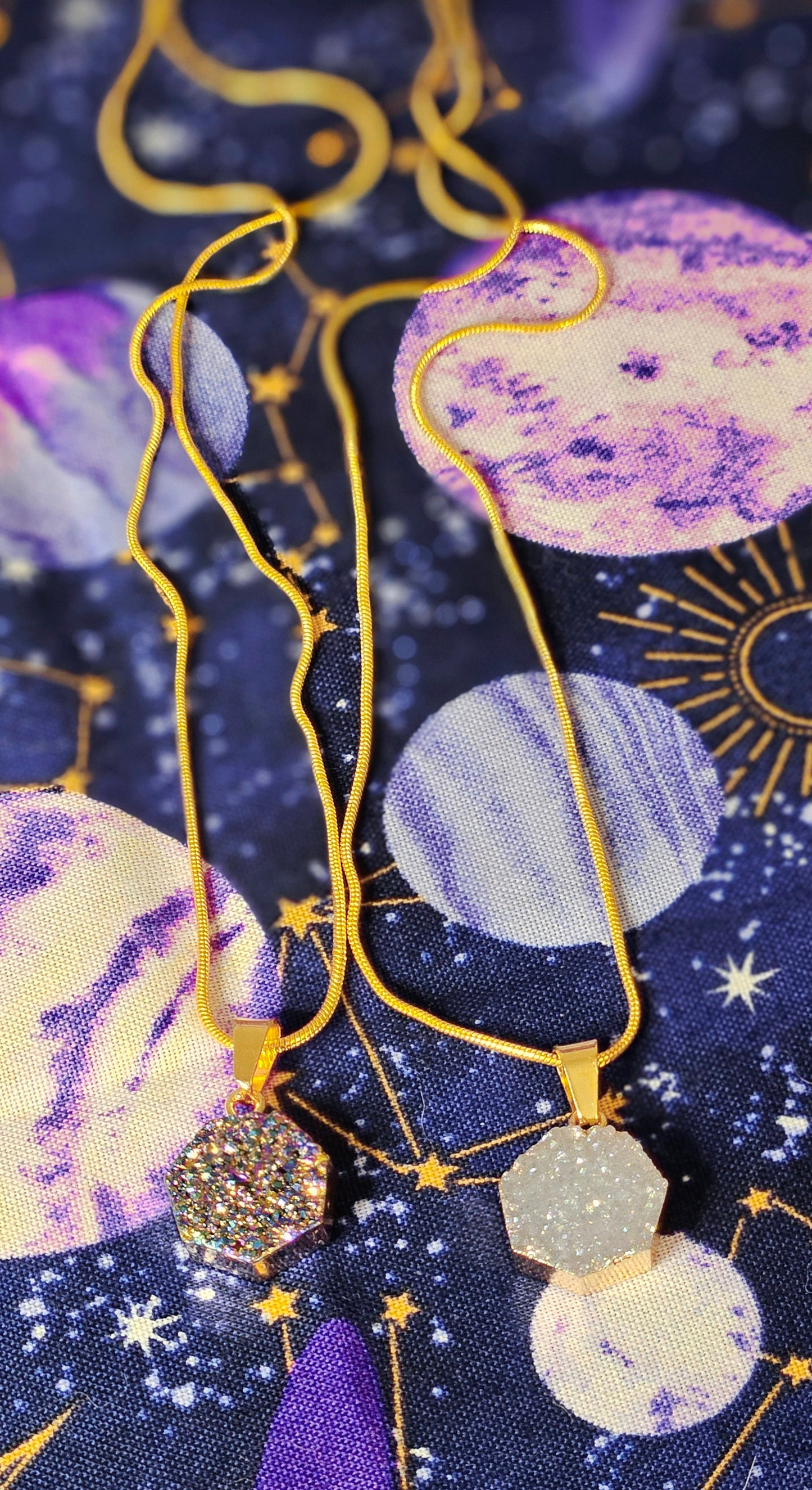 Aura Druzy Agate Geode Pendant on 14k Gold Plated, 20inch Long Snake Chain Necklace