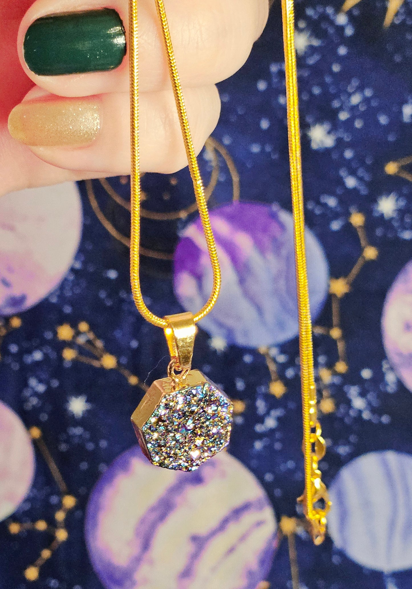 Aura Druzy Agate Geode Pendant on 14k Gold Plated, 20inch Long Snake Chain Necklace