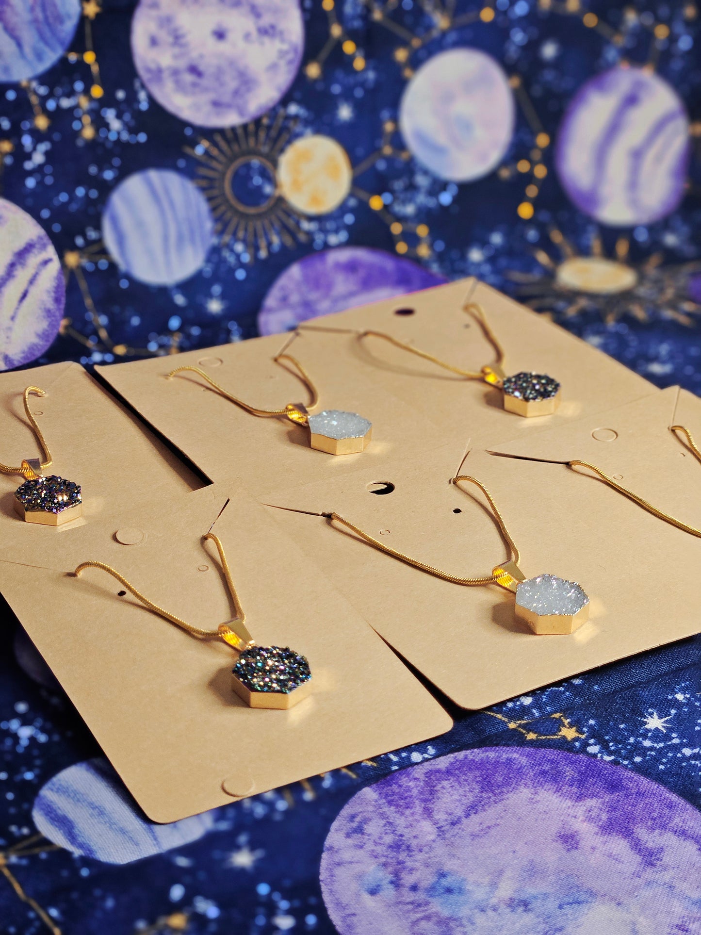 Aura Druzy Agate Geode Pendant on 14k Gold Plated, 20inch Long Snake Chain Necklace