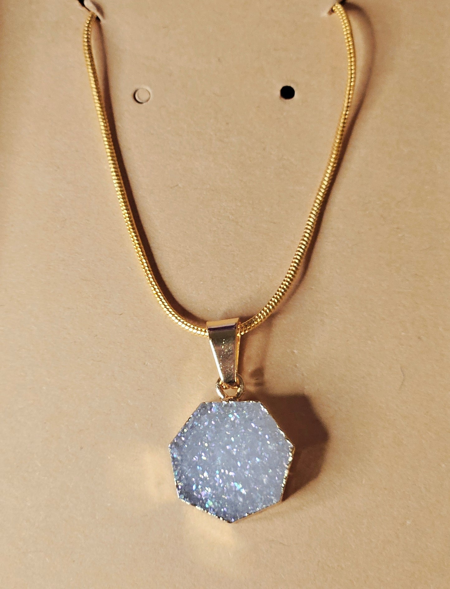 Aura Druzy Agate Geode Pendant on 14k Gold Plated, 20inch Long Snake Chain Necklace