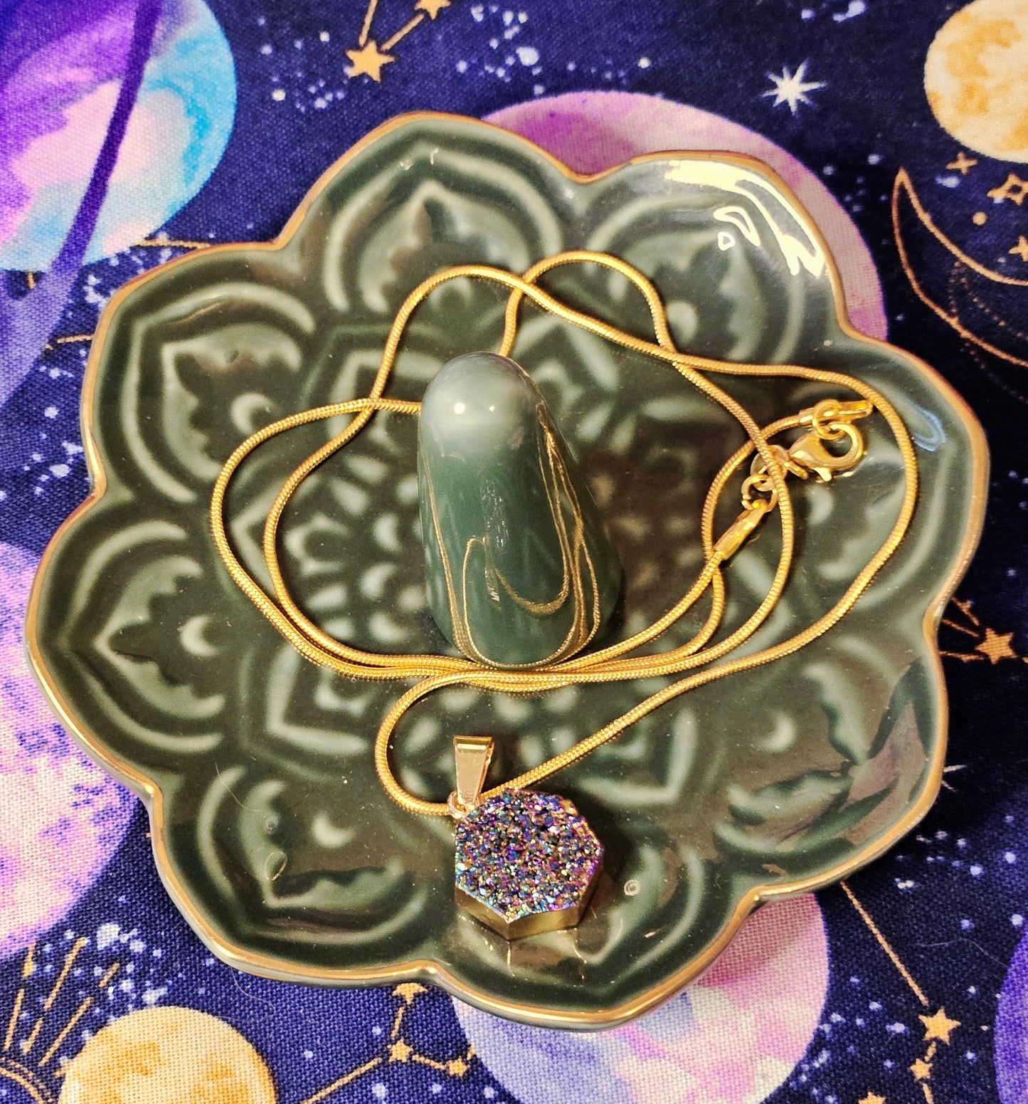 Aura Druzy Agate Geode Pendant on 14k Gold Plated, 20inch Long Snake Chain Necklace