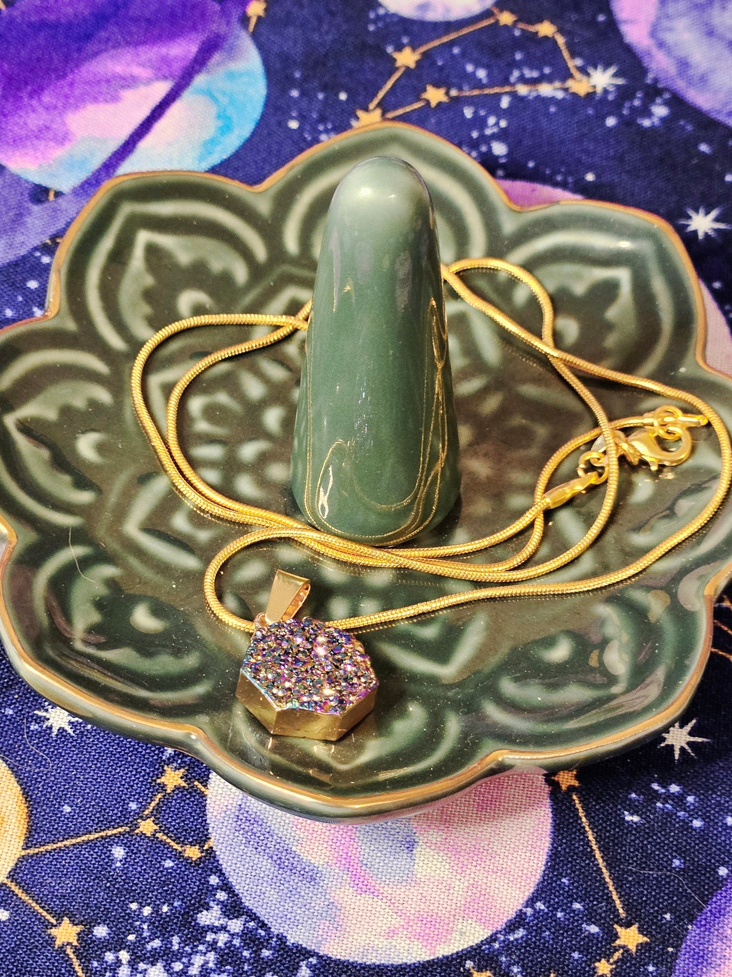 Aura Druzy Agate Geode Pendant on 14k Gold Plated, 20inch Long Snake Chain Necklace