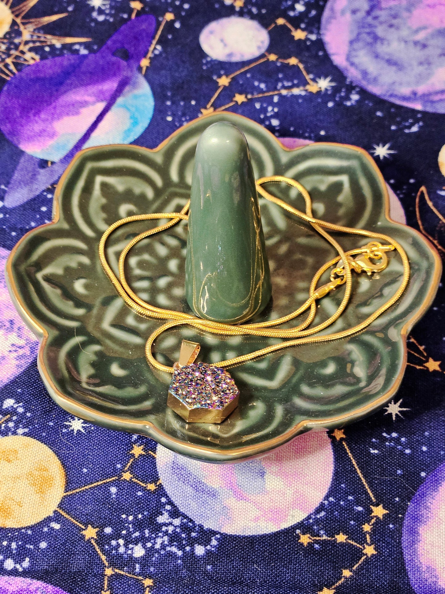 Aura Druzy Agate Geode Pendant on 14k Gold Plated, 20inch Long Snake Chain Necklace