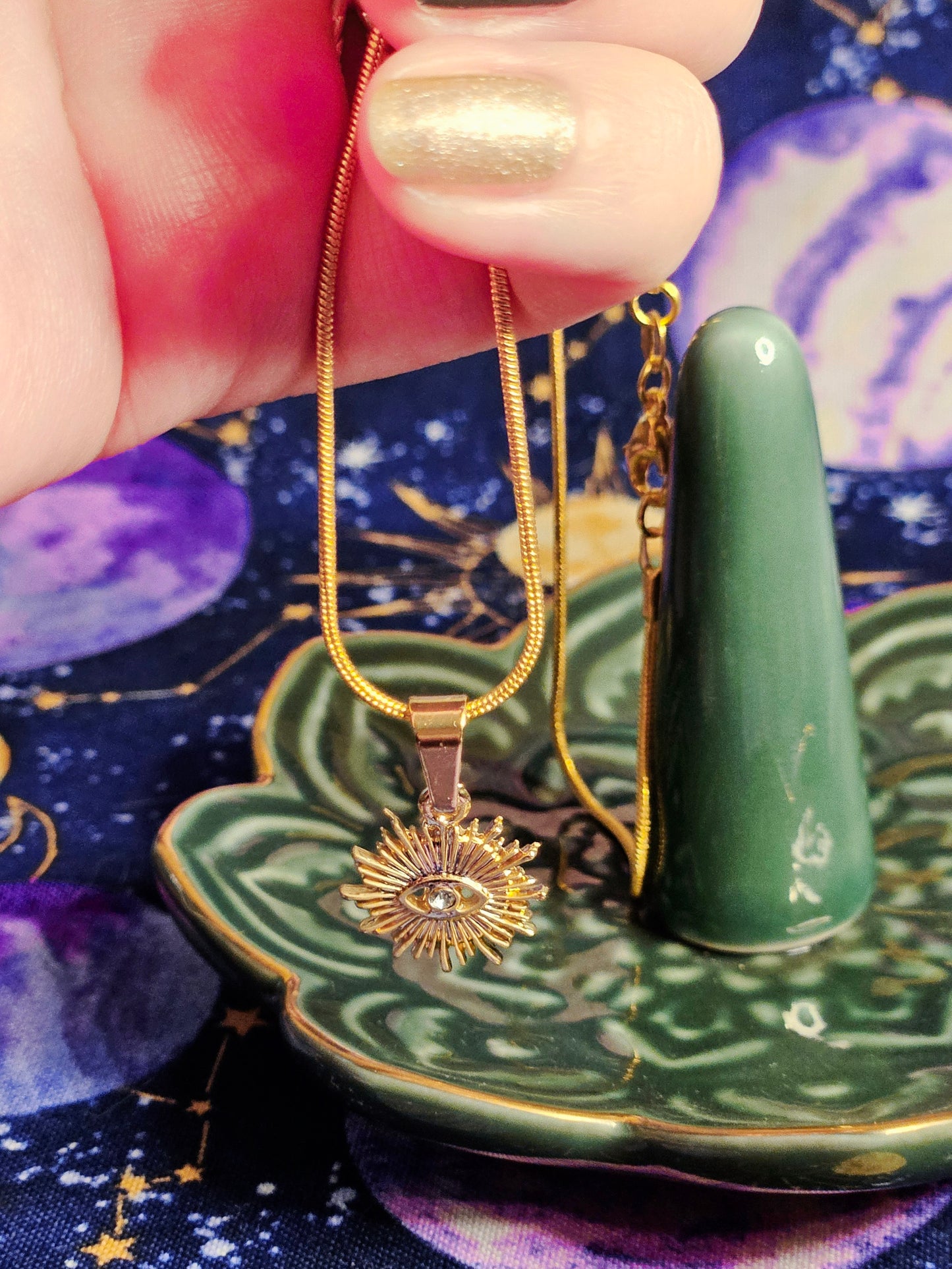 18K Gold Evil Eye Protection Pendant on 14K Gold Plated 20inch Snake Chain Necklace