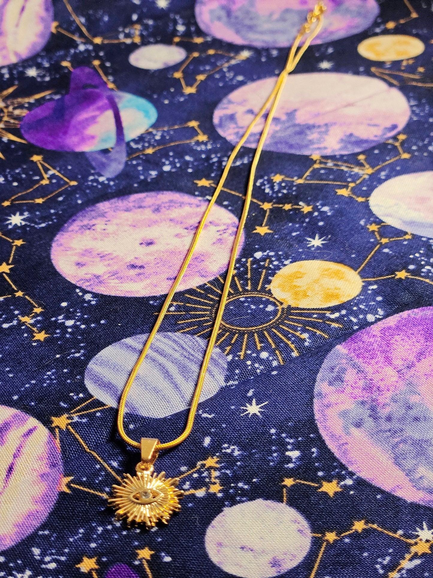 18K Gold Evil Eye Protection Pendant on 14K Gold Plated 20inch Snake Chain Necklace