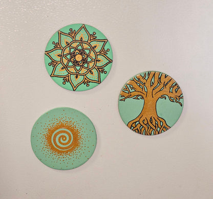 Golden Flower Mandala - 3inch Round Hand-Painted Decorative Fridge Magnet