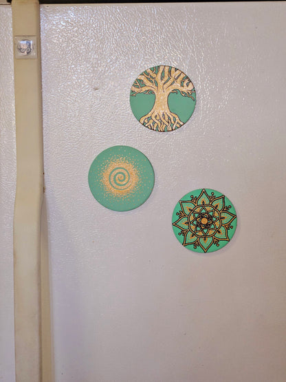 Golden Flower Mandala - 3inch Round Hand-Painted Decorative Fridge Magnet