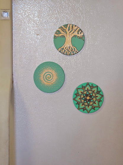 Golden Flower Mandala - 3inch Round Hand-Painted Decorative Fridge Magnet