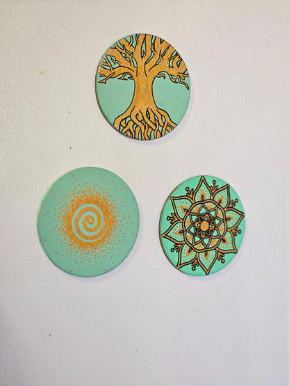 Golden Flower Mandala - 3inch Round Hand-Painted Decorative Fridge Magnet