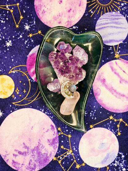 Fluorite Leaf Bowl - Green Purple Yellow Fluorite Leaf Trinket Bowl for Clarity & Balance