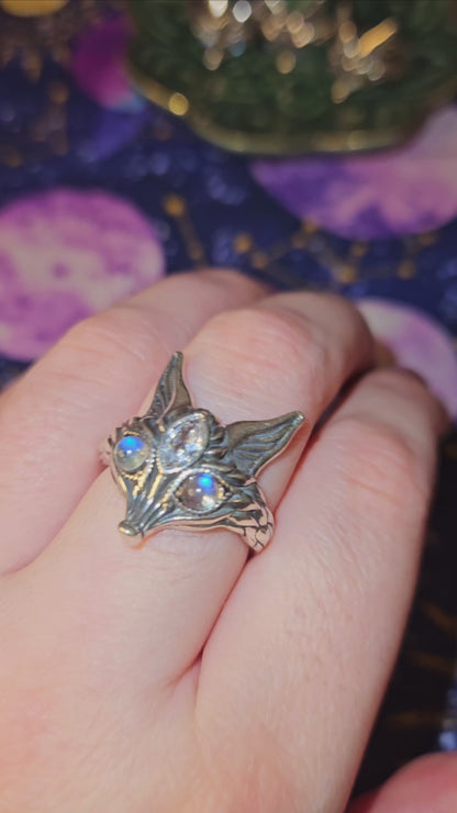 Third Eye Fox Ring - Adjustable Sterling Silver Labradorite Clear Quartz for Protection & Transformation