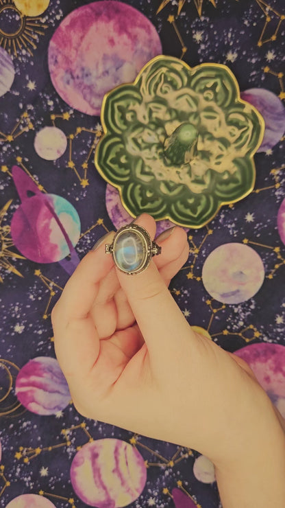 Labradorite Poison Compartment Ring - Adjustable Crystal Ring for Protection & Transformation