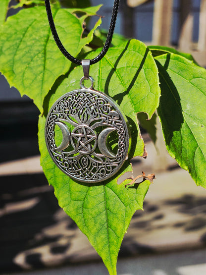 Triple Moon Tree of Life Necklace - Goddess Pendant on Black Leather Cord
