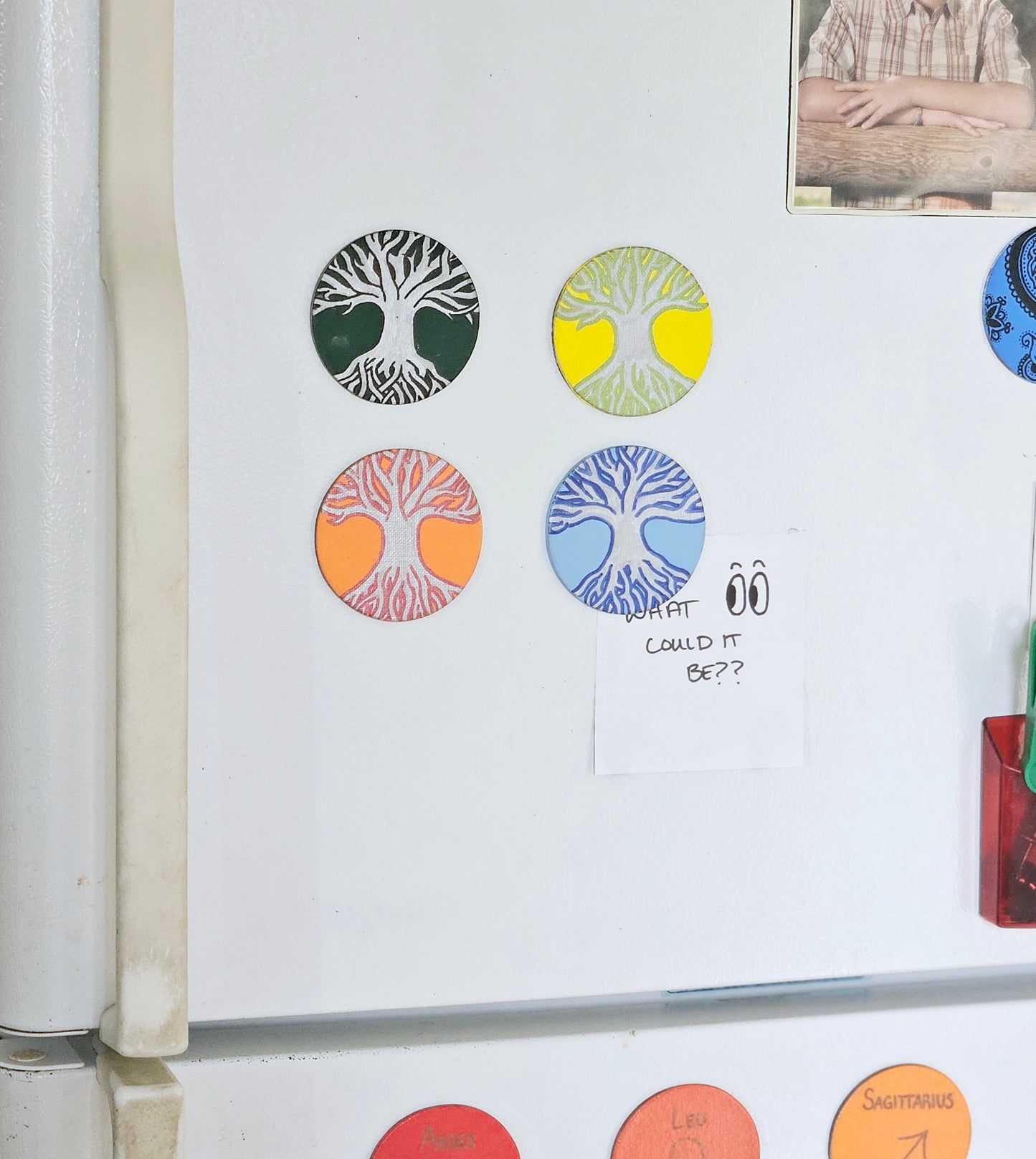 "Seasons of Life" Tree of Life Hand-Painted Round Fridge Magnet Set