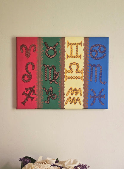 Twisted Signs of the Zodiac Canvas Art - 14 x 11in Hand-Painted Celtic Knot Astrology Canvas Wall Decor