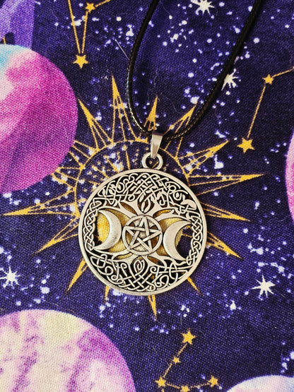 Triple Moon Tree of Life Necklace - Goddess Pendant on Black Leather Cord
