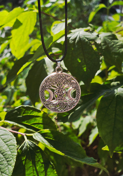 Triple Moon Tree of Life Necklace - Goddess Pendant on Black Leather Cord