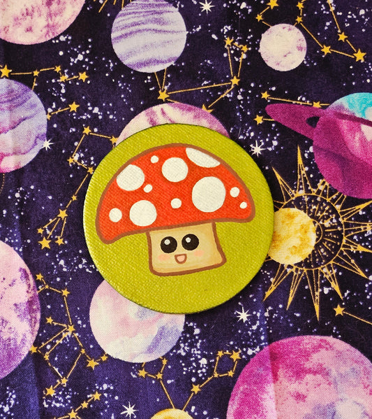 Wide Eyed Cute Mushroom Hand-Painted Round Fridge Magnet