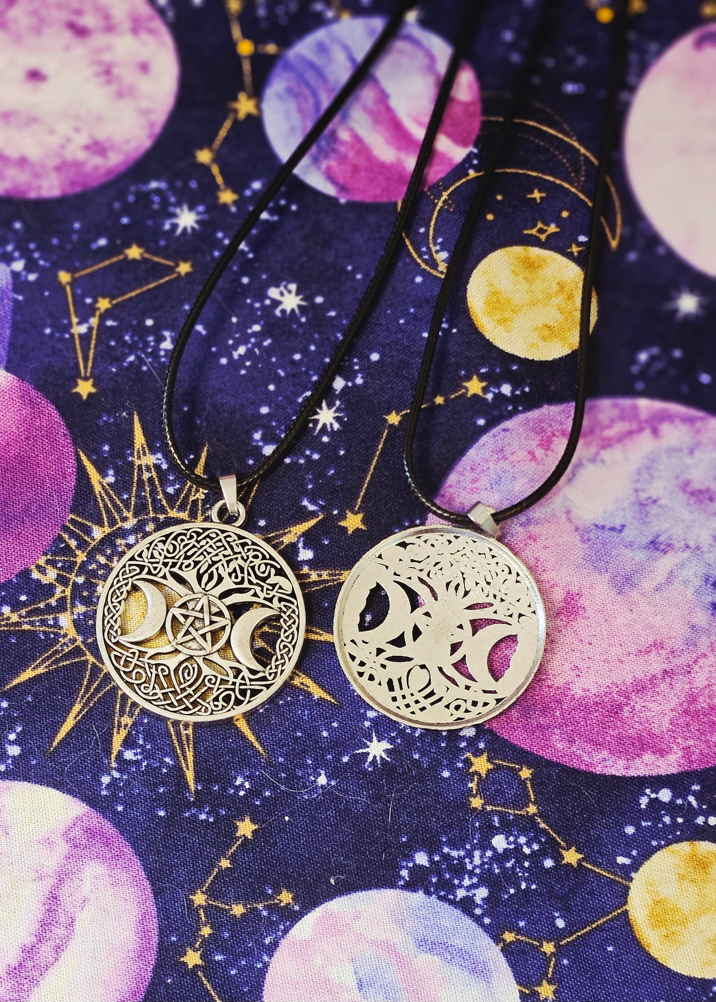 Triple Moon Tree of Life Pendant on Black Leather Necklace Chord