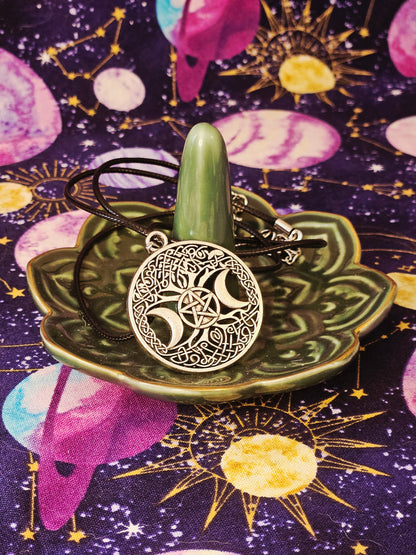 Triple Moon Tree of Life Necklace - Goddess Pendant on Black Leather Cord