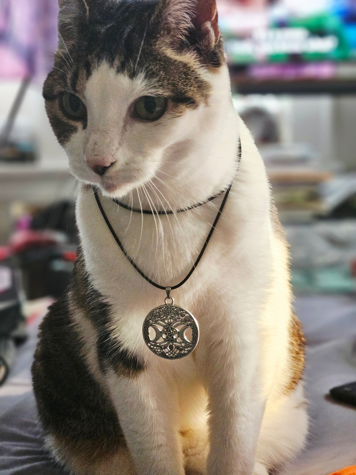 Triple Moon Tree of Life Pendant on Black Leather Necklace Chord